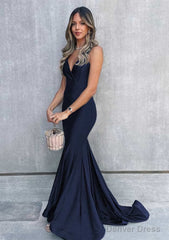 Trumpet/Mermaid V Neck Sleeveless Sweep Train Jersey Prom Dresses