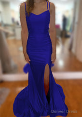 Trumpet/Mermaid V Neck Sleeveless Sweep Train Jersey Prom Dresses With Split Pleated
