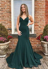 Trumpet/Mermaid V Neck Spaghetti Straps Sweep Train Satin Prom Dresses