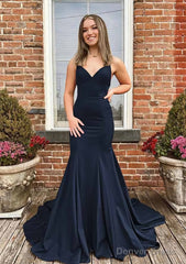 Trumpet/Mermaid V Neck Spaghetti Straps Sweep Train Satin Prom Dresses