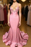 Trumpet Mermaid V Neck Sweep Train Charmeuse Prom Dresses With Appliques Lace