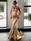 Trumpet Mermaid V Neck Sweep Train Elastic Woven Satin Prom Dresses