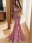 Trumpet Mermaid V Neck Sweep Train Lace Prom Dresses With Appliques Lace