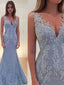 Trumpet Mermaid V Neck Sweep Train Lace Prom Dresses With Appliques Lace