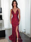 Trumpet Mermaid V Neck Sweep Train Sequins Prom Dresses With Leg Slit
