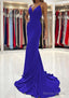 Trumpet Mermaid V Neck Sweep Train Sleeveless Elastic Satin Prom Dresses