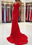 Trumpet Mermaid V Neck Sweep Train Sleeveless Elastic Satin Prom Dresses