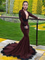 Trumpet Mermaid V Neck Sweep Train Stretch Crepe Prom Dresses With Appliques Lace
