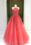 Red Lace Floor Length Prom Dress, A Line Prom Dresses