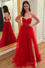 Tulle A Line Strapless Red Corest Long Prom Dresses
