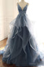 Tulle A Line V Neck Spaghetti Straps Appliqued Prom Dress