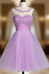 Tulle Appliques Beads Open Back Short Purple Homecoming Dresses
