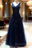 Tulle Dark Navy Prom Dresses A Line V Neck Long Floor Length With Beaded Appliqued