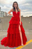 Tulle Deep V Neck Spaghetti Straps Long Prom Dresses