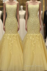 Tulle Lace Appliques Mermaid Prom Dresses Spaghetti Straps