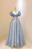 Tulle Lace Long Prom Dress, Blue Short Sleeve Prom Dresses