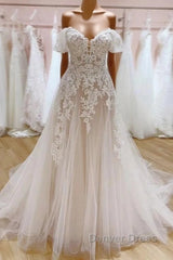 Tulle Lace Wedding Dresses Off The Shoulder A-Line Bridal Dresses With Sweep Train Elegant