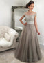 Tulle Long Floor Length A Line Sleeveless Bateau Zipper Prom Dresses With Beaded