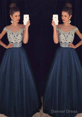 Tulle Long/Floor-Length A-Line/Princess Sleeveless Bateau Zipper Prom Dresses With Beaded