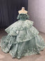Tulle Off the Shoulder 3D Appliques Tiers Prom Dresses