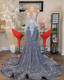 O Neck Silver Prom Dress, Plus Size Prom Dress, Sparkly Prom Dress Beaded Applique Prom Dresses