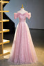 Tulle Sequins Long Prom Dress, Pink Off Shoulder Prom Dresses