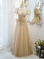 Tulle Sequins V Neck Puff Sleeve Pearls Prom Dresses