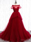 Tulle Short Sleeve Pleats Backless Burgundy Prom Dress