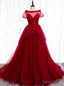 Tulle Short Sleeve Pleats Backless Burgundy Prom Dresses