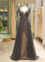 Tulle V-Neck Long Sleeve A-Line Prom Dresses With Beadings