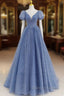 Tulle V Neck Short Sleeve Blue Sparkle Prom Dresses With Bow