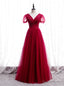 Tulle V Neck Short Sleeve Pleats Beading Sequins Prom Dresses
