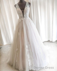 Tulle Wedding Dress Plunge Neck Appliques
