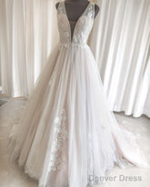 Tulle Wedding Dress Plunge Neck Appliques