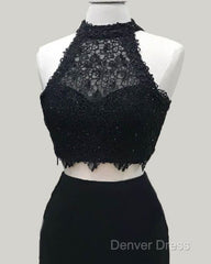 Two Piece Black Homecoming Dresses Lace Crop Top