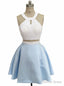 Two Piece Halter Blue Satin White Top Backless Wedding Dresses