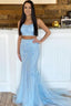 Two Piece Mermaid Blue Prom Dresses