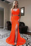 Two Piece Orange Sequins Mermaid Prom Dresses with Slit