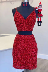 Two Piece Red Sequined Homecoming Dress, V-neck Tight Party Dress,Short Prom Dresses