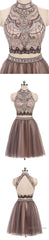 Two Pieces Gorgeous Beading High Neck Open Back Sleeveless Light Brown Homecoming Dresses