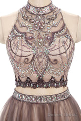 Two Pieces Gorgeous Beading High Neck Open Back Sleeveless Light Brown Homecoming Dresses