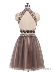 Two Pieces Gorgeous Beading High Neck Open Back Sleeveless Light Brown Homecoming Dresses