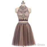 Two Pieces Gorgeous Beading High Neck Open Back Sleeveless Light Brown Homecoming Dresses