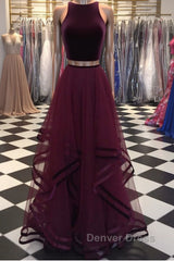 Two Pieces Maroon Long Prom Dresses, Dark Burgundy 2 Pieces Formal Evening Dresses