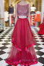 Two Pieces Sequin Round Neck Tulle Long Red Prom Dress, Red Prom Dresses