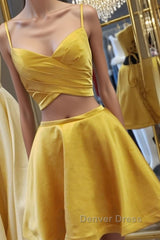 Two Pieces Short Yellow Prom Dresses, Short Yellow 2 Pieces Formal Homecoming Dresses