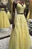 Two Pieces V Neck Yellow Lace Long Prom Dress, 2 Pieces Yellow Prom Dress, Yellow Lace Prom Dresses