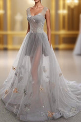 Gray Long Prom Dresses with Butterfly, New Arrival Unique Evening Dresses