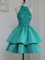 Unique A Line Halter Green Satin Short Homecoming Dresses