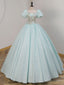 Unique A Line Satin Lace Long Prom Dress, Blue Satin Sweet 16 Dresses